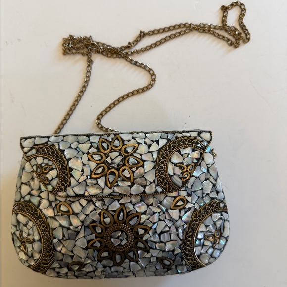 Antik Kraft Handbags - Antik Kraft Mosaic Mother of Pearl Clutch with Gold Accents